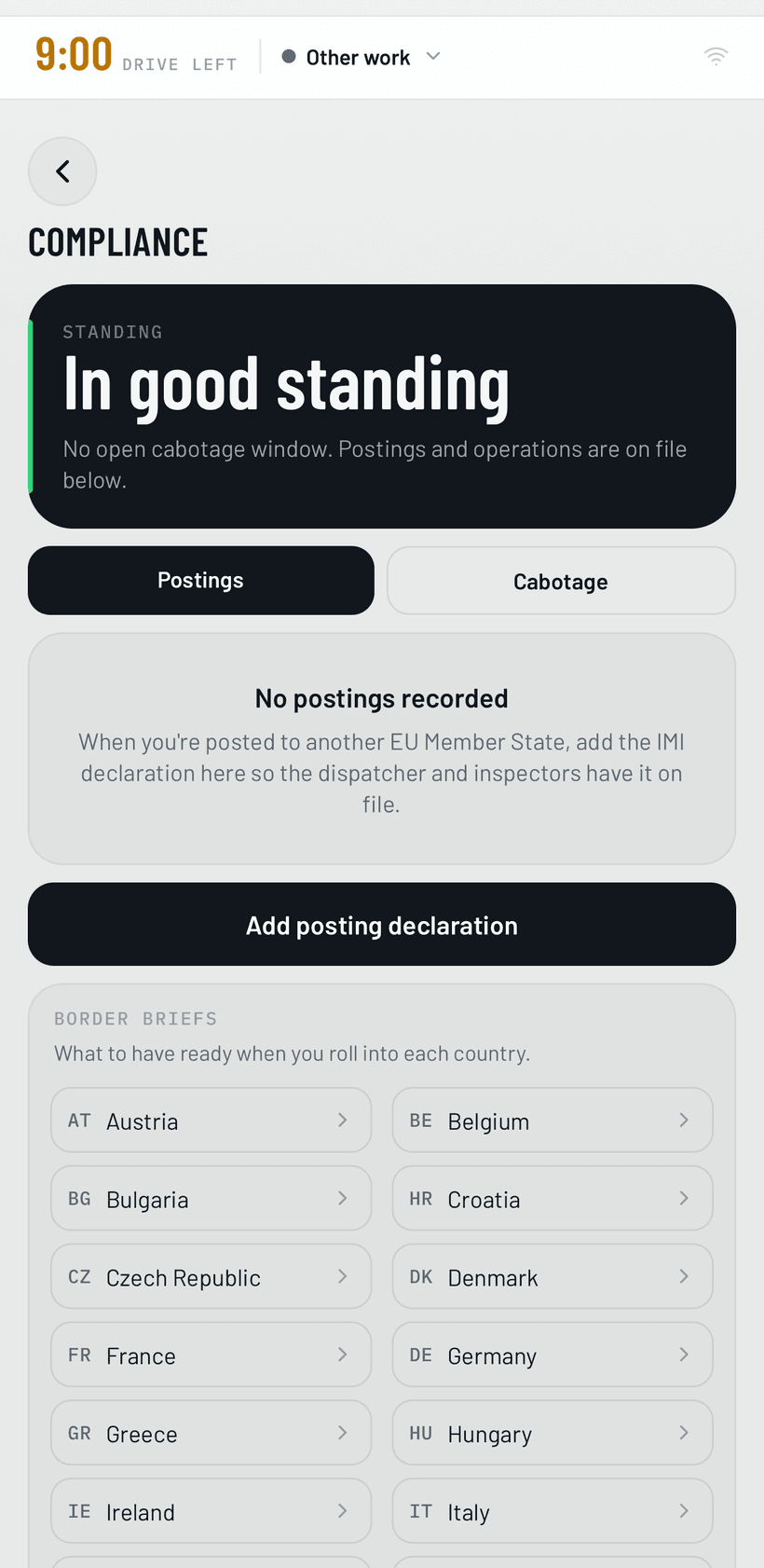 TruckThrust app compliance screen — posting declarations and cabotage window across EU countries