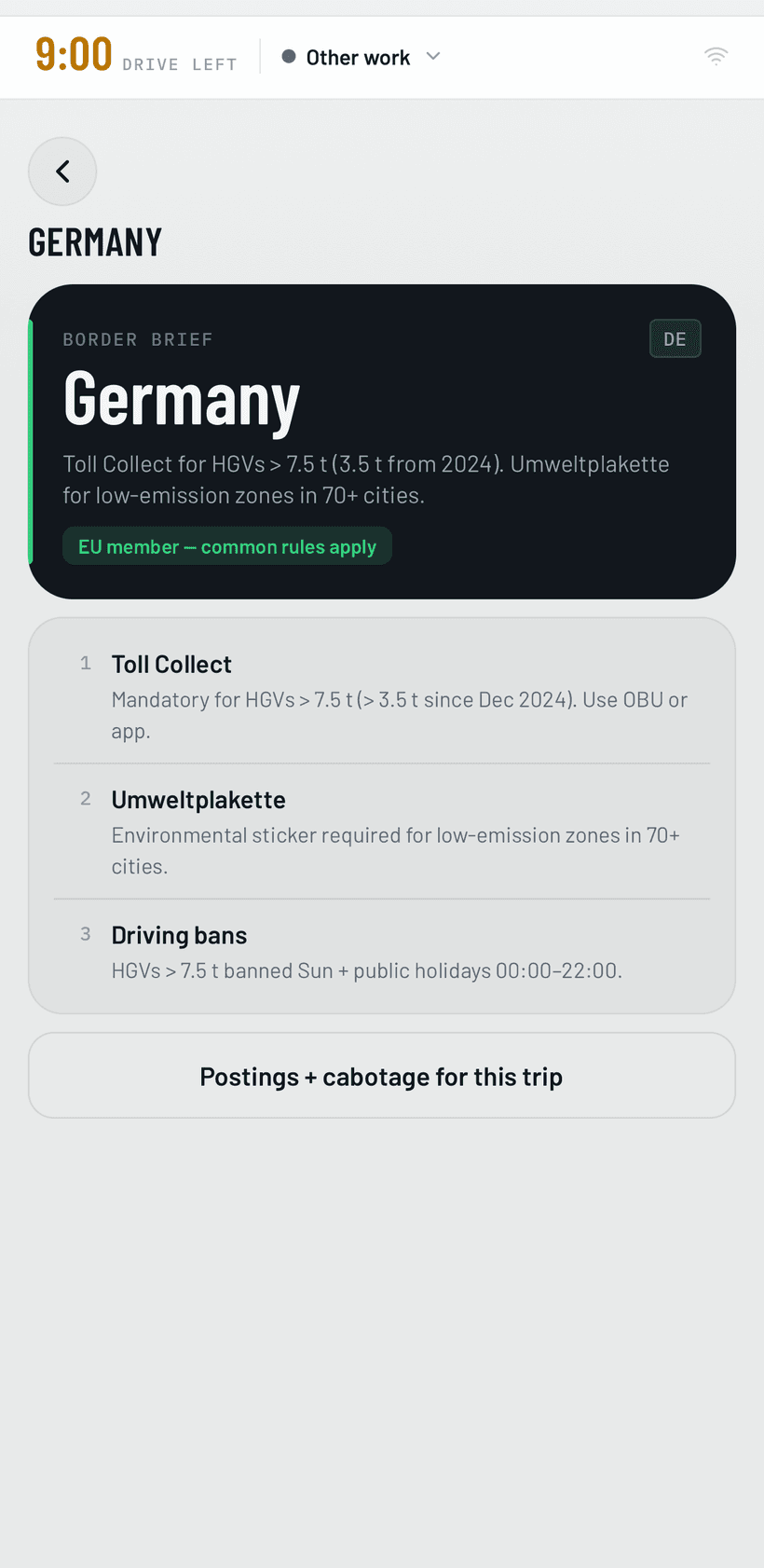 TruckThrust app country requirements — cabotage operations, posting, toll and minimum-wage rules per country
