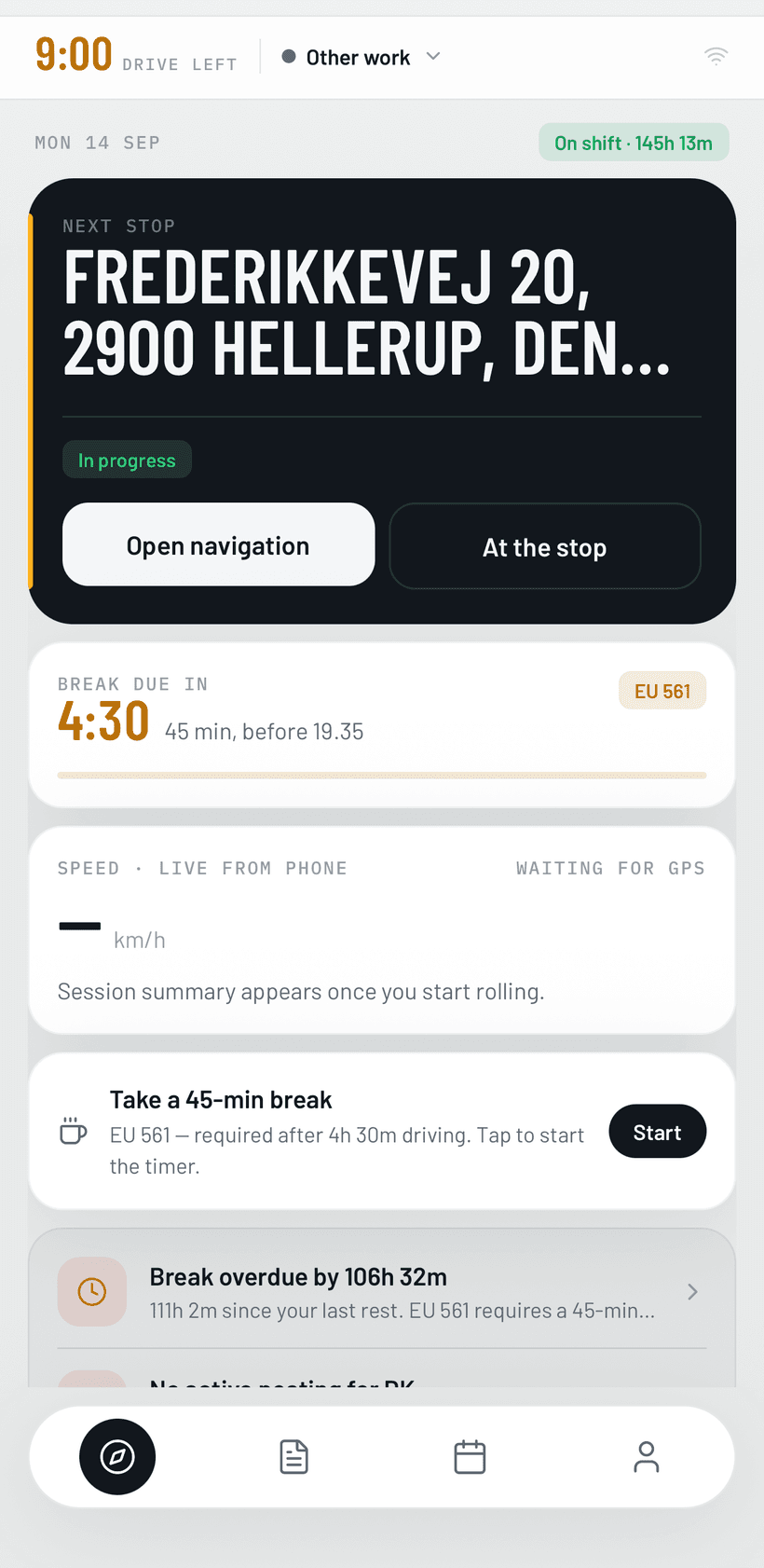 TruckThrust driver app home screen — active trip, Co-Driver compliance alerts, walk-around status and monthly earnings