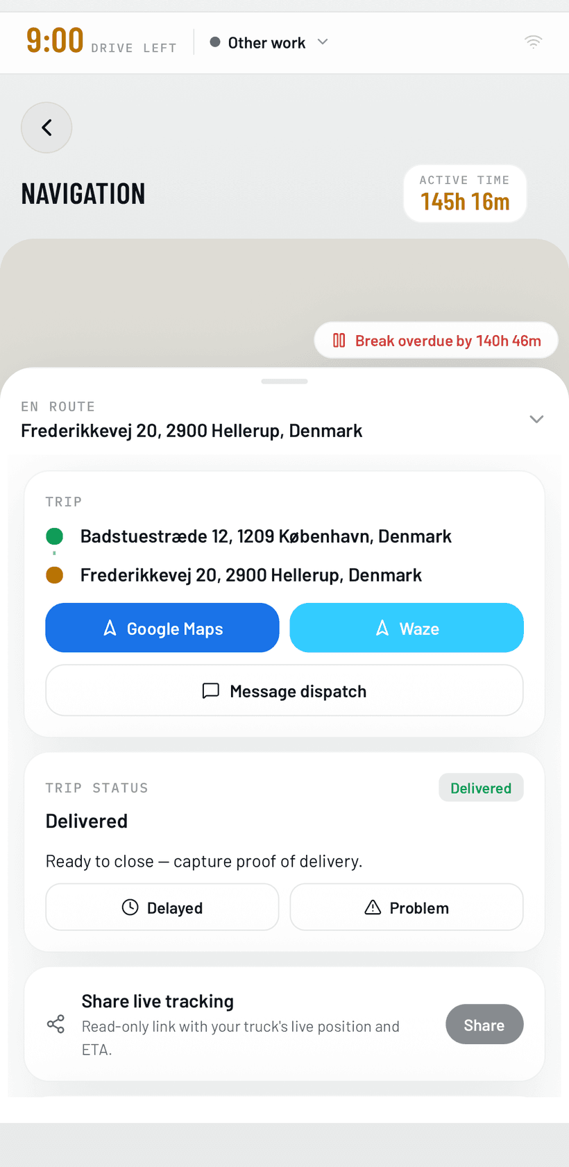 TruckThrust app navigation — HGV route on the live map with ETA, distance left and hand-off to Maps or Waze