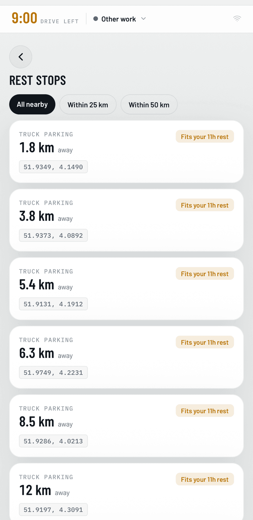 TruckThrust app rest stops — nearby secure truck parking with distance and which spots fit your remaining rest