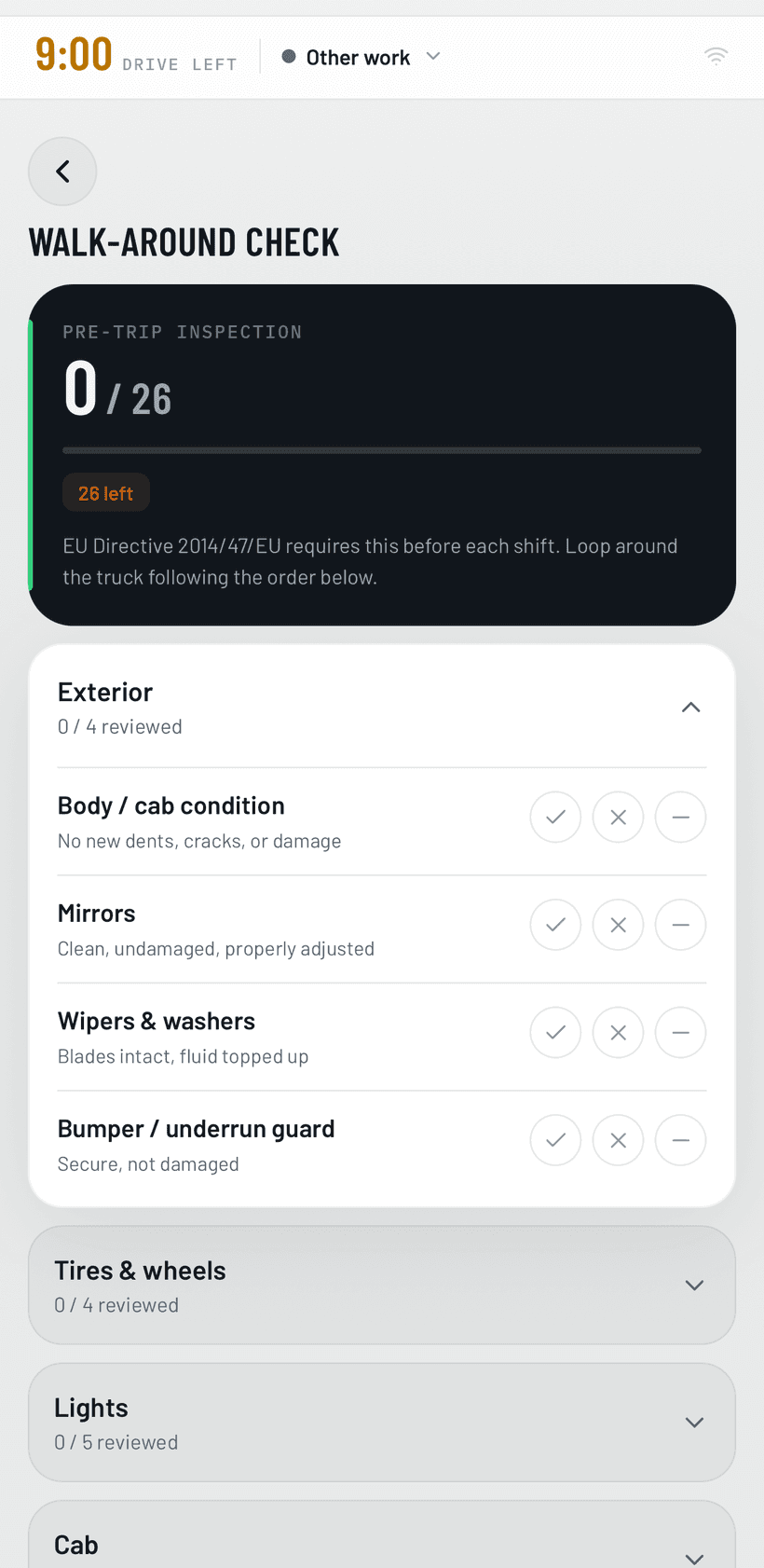 TruckThrust app walk-around check — the daily pre-trip vehicle inspection checklist